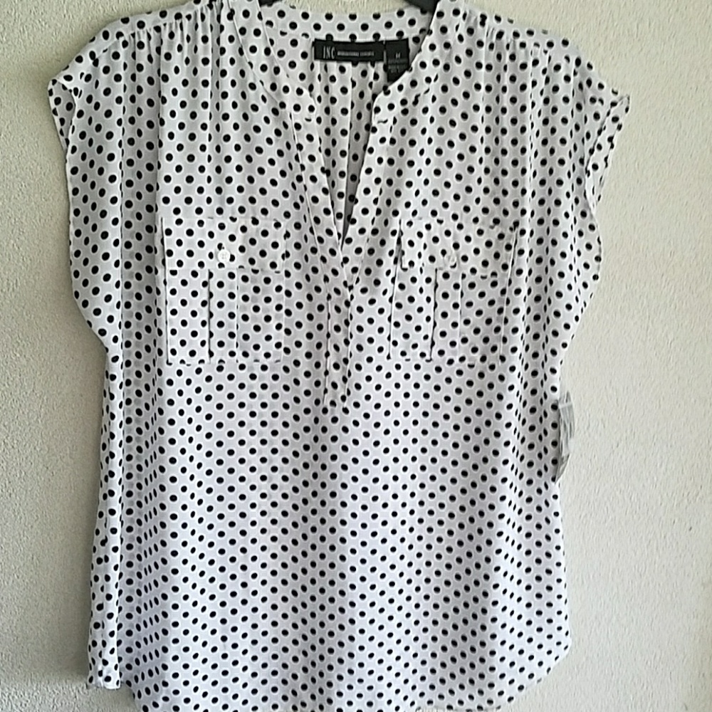 DonatedNWT INC white blouse with black polka dots